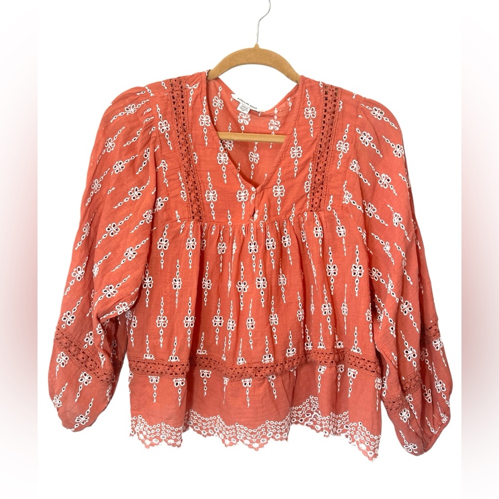 American Eagle Eyelet Baby Doll Top Size S Dusty Red and White Prairie Cowgirl
